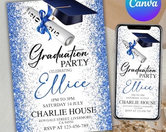 Klasse von 2026 Graduierung Party Einladung, Graduierung Party einladen, Blaue Graduierung Ankündigung, Canva Editable