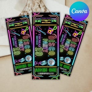Disco Party Birthday Invitation ticket, Disco Gender Invites, Dance Party, Neon Party Invites, Tie Dye Disco Gender Neutral, Canva Editable