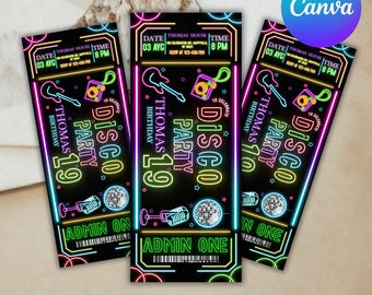 Disco Party Birthday Invitation ticket, Disco Gender Invites, Dance Party, Neon Party Invites, Tie Dye Disco Gender Neutral, Canva Editable