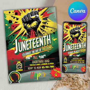 May include: A flyer and a smartphone screen displaying a Juneteenth celebration announcement. The design features a raised fist, bold text, and event details, including the date, time, and location for a Backyard BBQ.