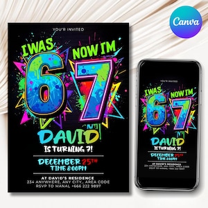 以下が含まれることがあります： 黒い背景にカラフルなネオンテキストが特徴の誕生日招待状。「6歳だった私が7歳になりました」と書かれており、Davidの名前とパーティーの日時が記載されています。スマートフォンにも同じデザインが表示されています。