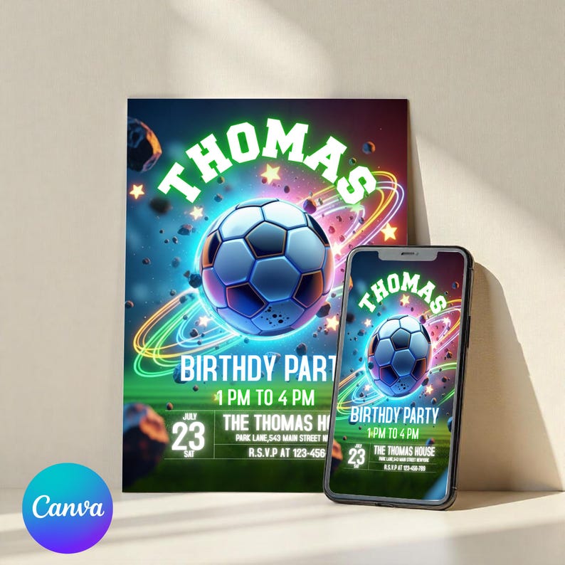 Soccer Birthday Invitation, Soccer Party Invite, Football Birthday Evite, Soccer Party Invitation, Boy Birthday Party, Canva Editable