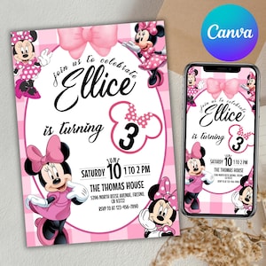 May include: A pink and white birthday invitation featuring Minnie Mouse illustrations. The invitation includes the text "Join us to celebrate Ellice is turning 3" and event details. A smartphone displays the same invitation.