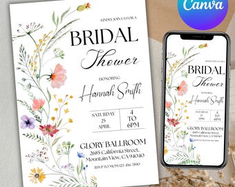 Floral Bridal Shower Invitation, Wildflower Bridal Shower, Love in Bloom Bridal Shower Template, Wildflowers bridal, Canva Editable
