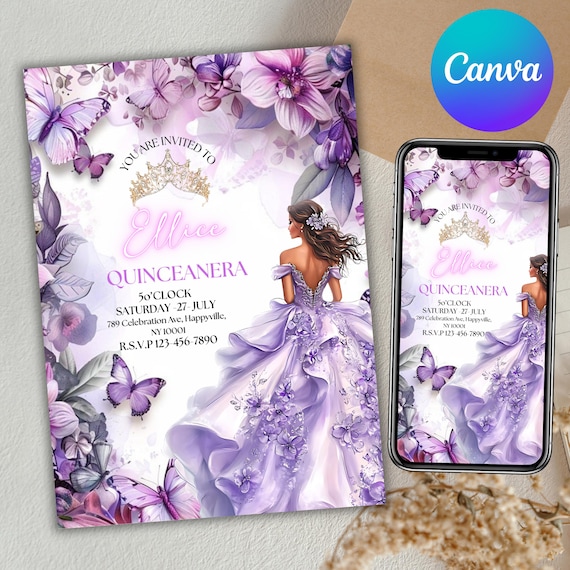 QUINCEANERA FLOWERS, Lilac Gold Floral Butterfly Princess Quinceanera Invitations, Lilac Purple & Gold Princess Quince, Canva Editable
