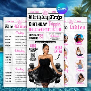 Könnte beinhalten: Werbeflyer für eine Geburtstagsreise mit einer Frau in einem schwarzen Kleid, umgeben von Luftballons. Der Flyer enthält den Text "Birthday Trip" und "Sophia's Bday Weekend" sowie eine detaillierte Reiseroute und das Ziel: Malediven.
