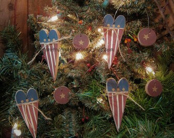 Primitive Flag Heart Star Penny Wood Patriotic Americana Ornies Ornaments Tucks