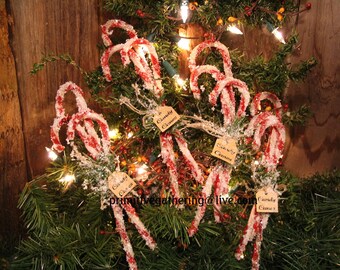 12 primitive christmas vintage style chenille candy canes glittered tag sign ornament - Primitive Christmas Tree Ornaments 12 primitive christmas vintage style chenille candy canes glittered tag sign ornament - Primitive Christmas Tree Ornaments