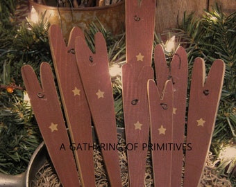 8 Handmade Pencil HEARTS Star Folk Art Primitive Americana Patriotic Wood Ornies Ornament Tuck