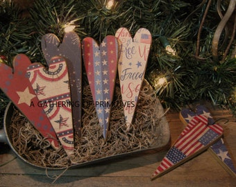 7 Handmade Primitive Wood Hearts Americana Patriotic 4th of July Ornie Ornament Tuck