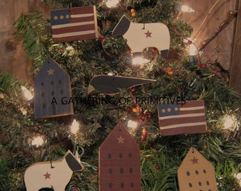 9 Primitive Handmade Patriotic Ameriana Wood Saltbox House Star Farmhouse Sheep FLAG Black Crow Ornies Ornament Tuck