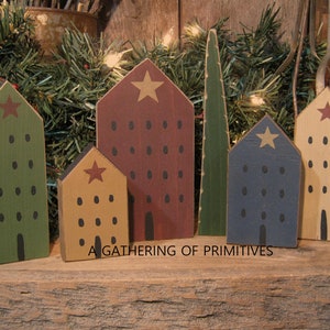 6 Primitive OOAK Handmade Saltbox House TREE Village Wood Star Shelf Sitter Block Ornies Ornaments Tucks