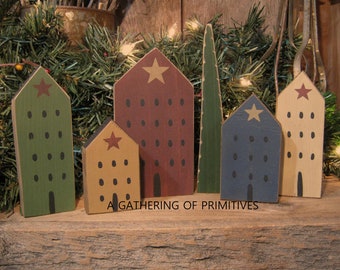 6 Primitive OOAK Handmade Saltbox House TREE Village Wood Star Shelf Sitter Block Ornies Ornaments Tucks