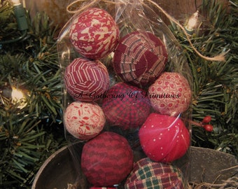 Bag of 10 Homespun Red Hand Wrapped Rag Balls NO STYROFOAM Primitive Handmade Bowl Filler Tucks Ornies Ornaments