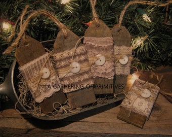 5 Vintage Tea Coffee Grungy Stained Vintage Lace Button Gathered on Handmade Primitive Barn Wood Tag Bowl Filler Tuck Ornie Ornament