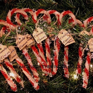 10 Primitive Christmas Vintage Style Chenille CANDY CANES Glittered Tag Sign Read Description Ornament Ornies Tuck