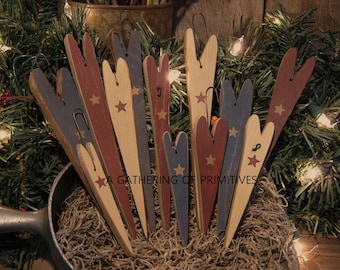 12 Pencil Wood HEARTS Star OOAK Ameriana Patriotic Folk-art Primitive Ornies Ornaments Tucks