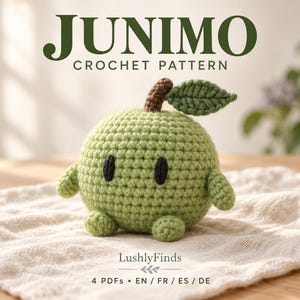 May include: A round, light green crocheted Junimo figure with two small black oval eyes, two small arms, and two small feet. It features a brown stem and a single green leaf on top. The text reads JUNIMO CROCHET PATTERN, LushlyFinds, and 4 PDFs.
