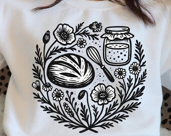 Sourdough Bread Linocut PNG Bundle | Folk Art Floral Kitchen Clipart | Rustic Baking Botanical Printables Digital Download