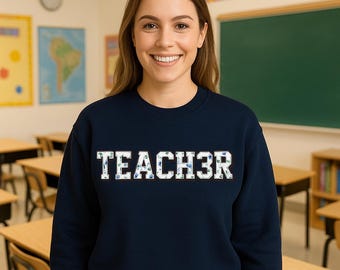 Floral Teacher PNG: Blue Varsity Letters Sublimation Design (Digital Download)