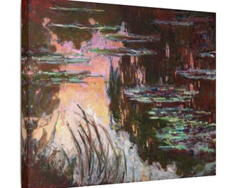 May include: A canvas print of an impressionistic painting depicting a water garden scene. The artwork features lily pads, reflections, and a warm color palette of pinks, greens, and browns, evoking a sense of tranquility.