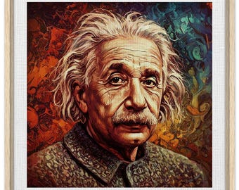 May include: A close-up portrait of Albert Einstein, a renowned physicist, with a white, unkempt hairstyle and a moustache. The background is a colourful abstract painting with swirls of orange, red, blue, and green.