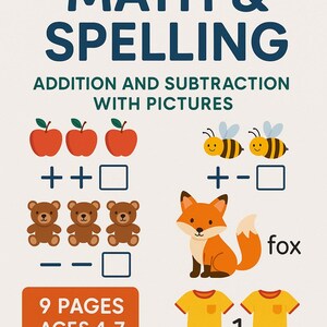 Förskolematte- och stavningsarbetsbok: Rolig addition, subtraktion, åldrar 4-7 (digital nedladdning)
