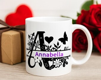 Personalized Floral Initial Mug • Custom Name Coffee Cup