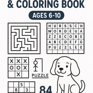 84-Page Brain Teaser & Coloring Book for Kids Ages 8–12 | Fun Puzzles, Mazes, Word Search, Sudoku + Bonus Cute Animals | Digital Download
