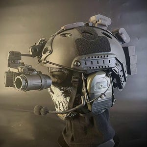 May include: A tactical helmet with attached night vision goggles, a communication headset, and various other accessories. The helmet is black and features a skull face covering. The text "DarkSigth Panda" is at the bottom.