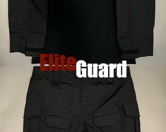 May include: Black tactical uniform set, including a long-sleeve shirt with a zip-up collar and velcro patches on the sleeves, and cargo pants with knee pads. The text "Elite Guard" is visible.