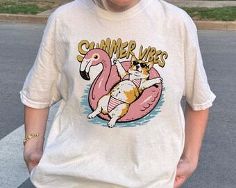 Comfort Colors Summer Vibes Corgi Shirt, Flamingo Pool Float Dog Tee, Funny Corgi Mom Gift, Beach Dog Tee, Dog Lover Vacation Shirt