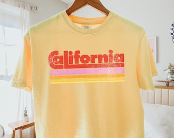 Comfort Colors California Retro Boxy Tee, Vintage Distressed 70s Stripe Graphic Shirt, West Coast Cali Souvenir Shirt Gift Her