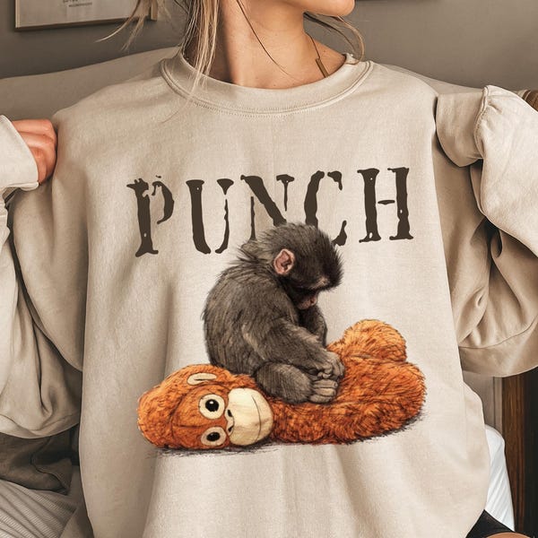 Monkey Punch Cozy Sweatshirt, Baby Monkey And Plush Toy, Animal Lover Gift, Cute Viral Shirt