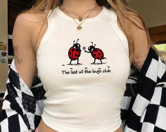 Crop Top Dancing Lady Bugs Baby Tee & Racer Tank Top, The Last Of The Bugs Tee, Bug Lover Gift, Colored Shoulder Y2k Baby Tee Bella Canvas