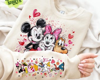 Personalized Disney Sweatshirt Mickey Minnie Pluto Hearts Pink Cute Cartoon Love Sleeve Print Womens Cozy Crewneck Shirt