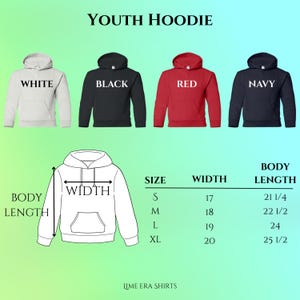 a collection of youth hoodies in various colors and sizes, along with a size chart and a body length chart.