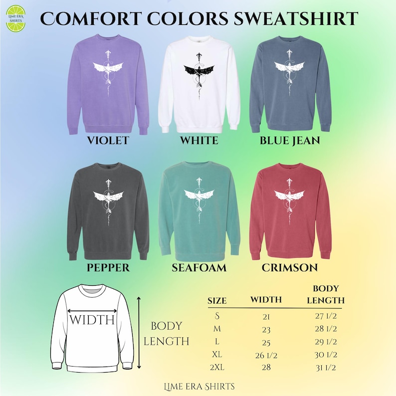 May include: A selection of Comfort Colors sweatshirts in violet, white, blue jean, pepper, seafoam, and crimson. Each has a white graphic. Size and measurement details are included. Widths range from 53 cm to 71 cm.