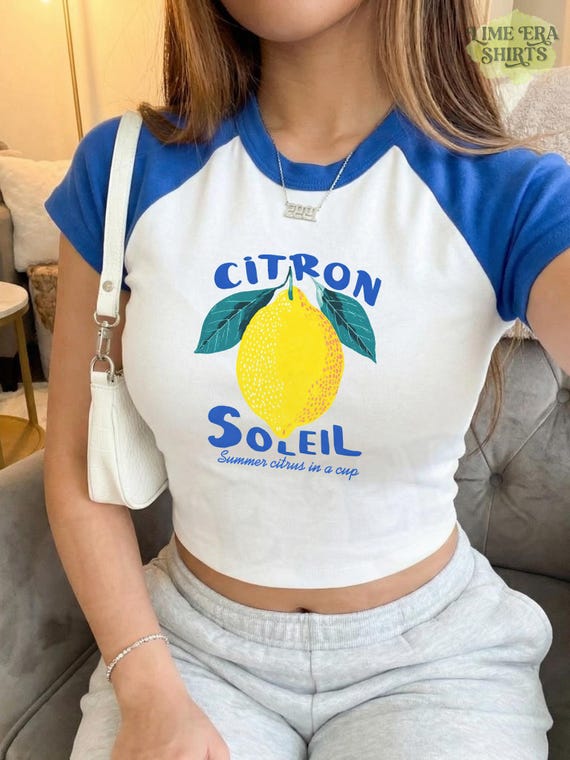 Citron Soleil Raglan Baby Tee French Lemon Graphic, Summer Citrus In A Cup White Blue Crop Baby Tee, French Riviera Lemon Crop Top