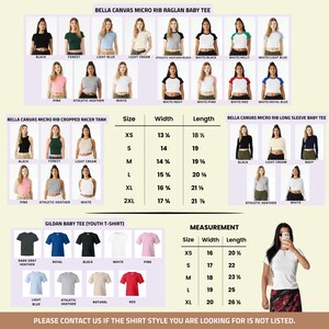 May include: Image of baby tees and youth t-shirts in various colours, including raglan, cropped racer, and long sleeve styles. Size and measurement charts are shown, with measurements in inches.