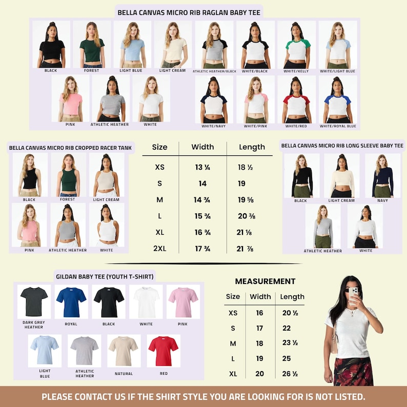 May include: Image of baby tees and youth t-shirts in various colours, including raglan, cropped racer, and long sleeve styles. Size and measurement charts are shown, with measurements in inches.