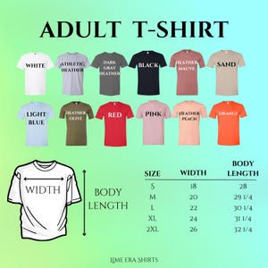 a collection of t-shirt designs in various colors and sizes, along with corresponding measurements for each design.