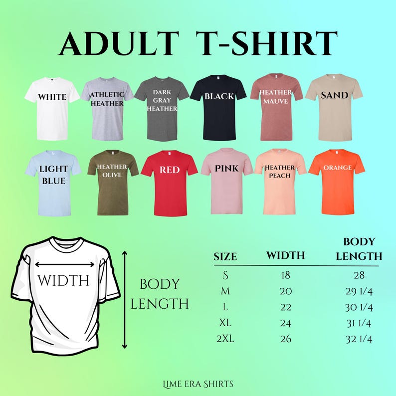 a collection of t-shirt designs in various colors and sizes, along with corresponding measurements for each design.