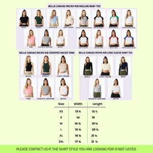 May include: A product catalog featuring various Bella Canvas micro rib baby tees, cropped racer tanks, and long sleeve baby tees in multiple colors. The image includes a size chart with measurements in inches. Text on the image reads: "PLEASE CONTACT US IF THE SHIRT STYLE YOU ARE LOOKING FOR IS NOT LISTED."