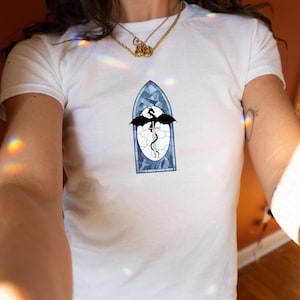 May include: White t-shirt with a stained-glass style design. The design features a black dragon, sword, and wings, set within a blue and white frame. The shirt is made of a soft, white material.