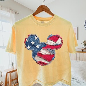 Patriotic Mickey Patchwork Comfort Colors Boxy Tee, 4th of July Disney Shirt, American Flag Mickey Tee, Disney Fourth of July Shirt