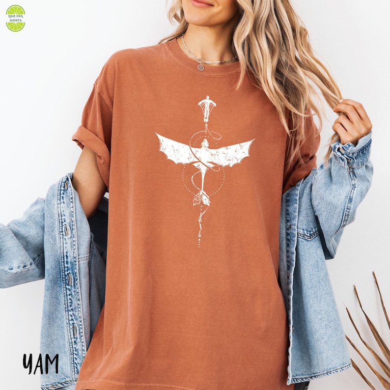 May include: A rust-coloured t-shirt with a white graphic of a dragon with outstretched wings and a person. The design includes a dotted circle and arrow details. The shirt has short sleeves and a relaxed fit.