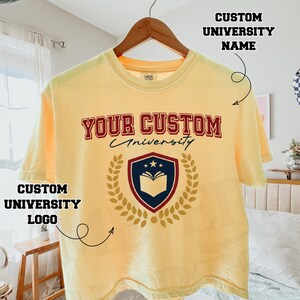 Custom University Comfort Colors Boxy Tee, Personalized Varsity Crest Logo College Name Shirt, Commitment Day Acceptance Gift Tee