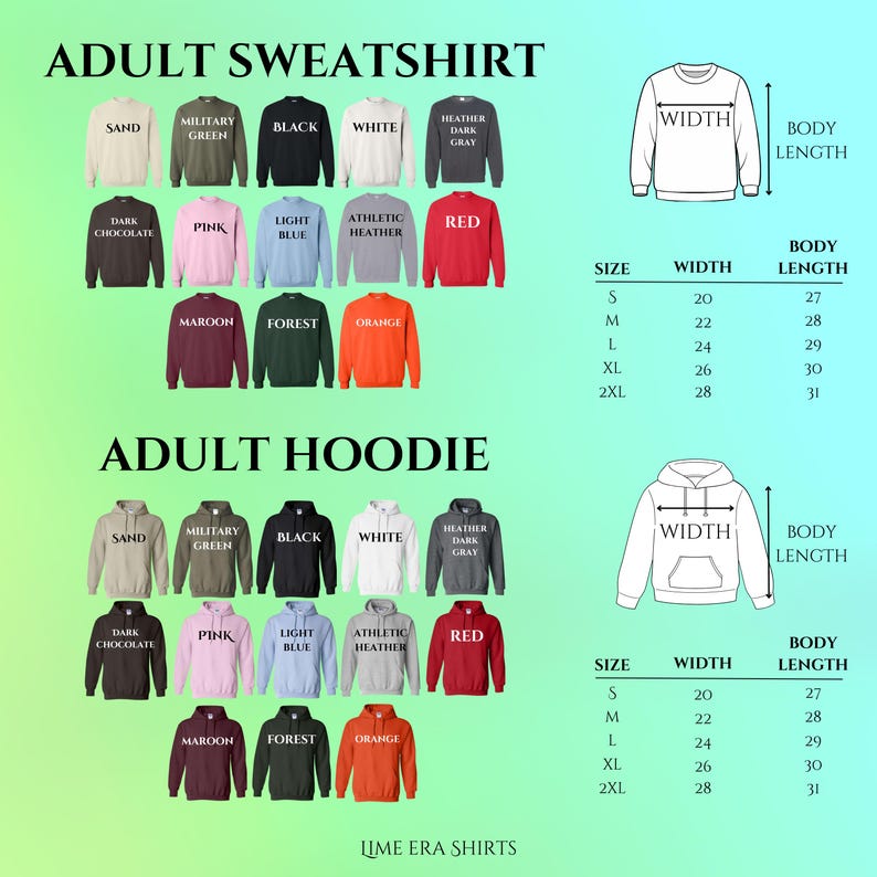 The image is a collage of various adult sweatshirts and hoodies, each with different colors and sizes, along with their corresponding measurements.