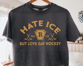 Comfort Colors Hate ICE But Love Gay Hockey Boxy Tee, Anti ICE Pride Tee, LGBTQ Hockey Fan T-Shirt, Queer Pride Gift Tee